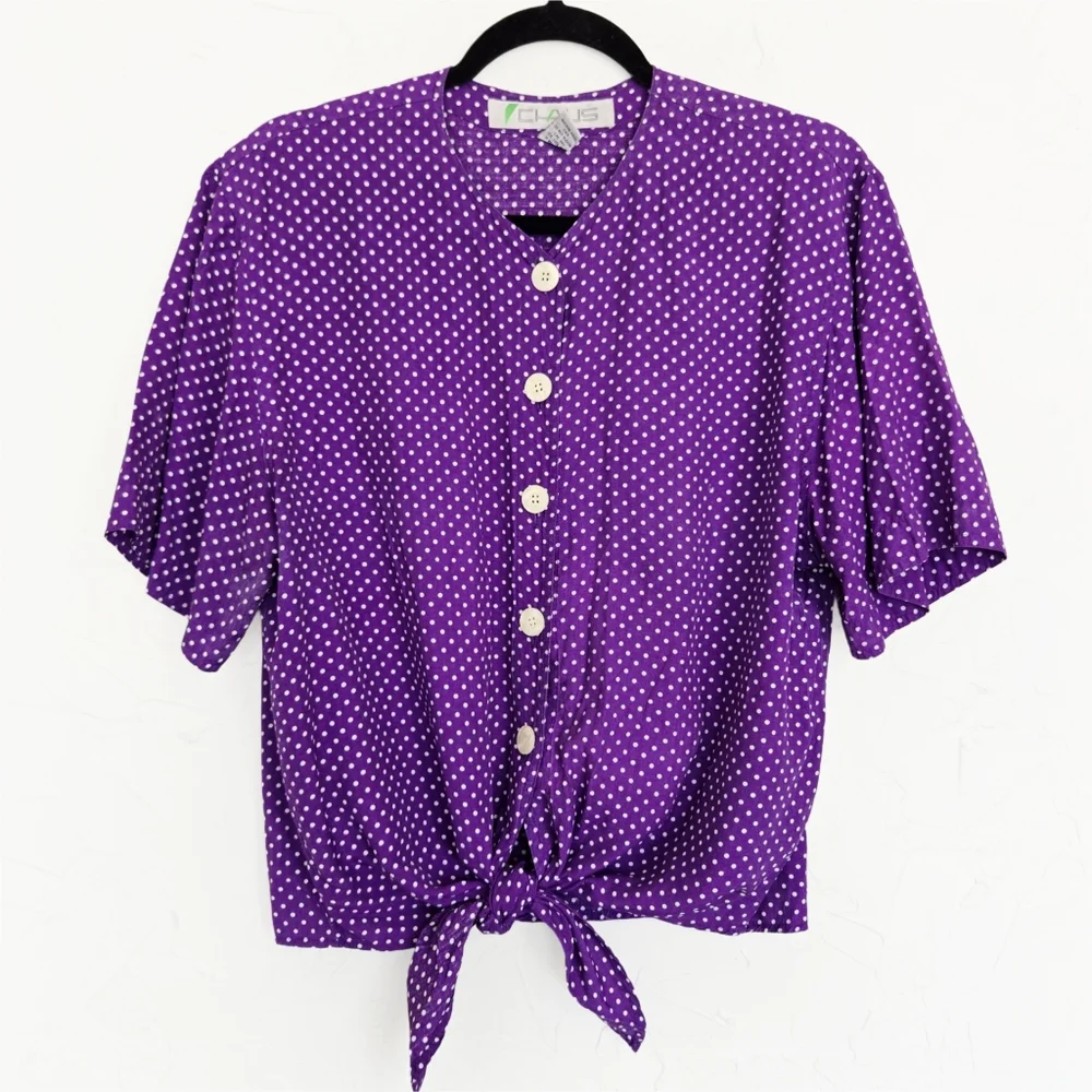 Vintage Chaus Polka Dot Button Up Tied Purple Top, L - Picture 9 of 9